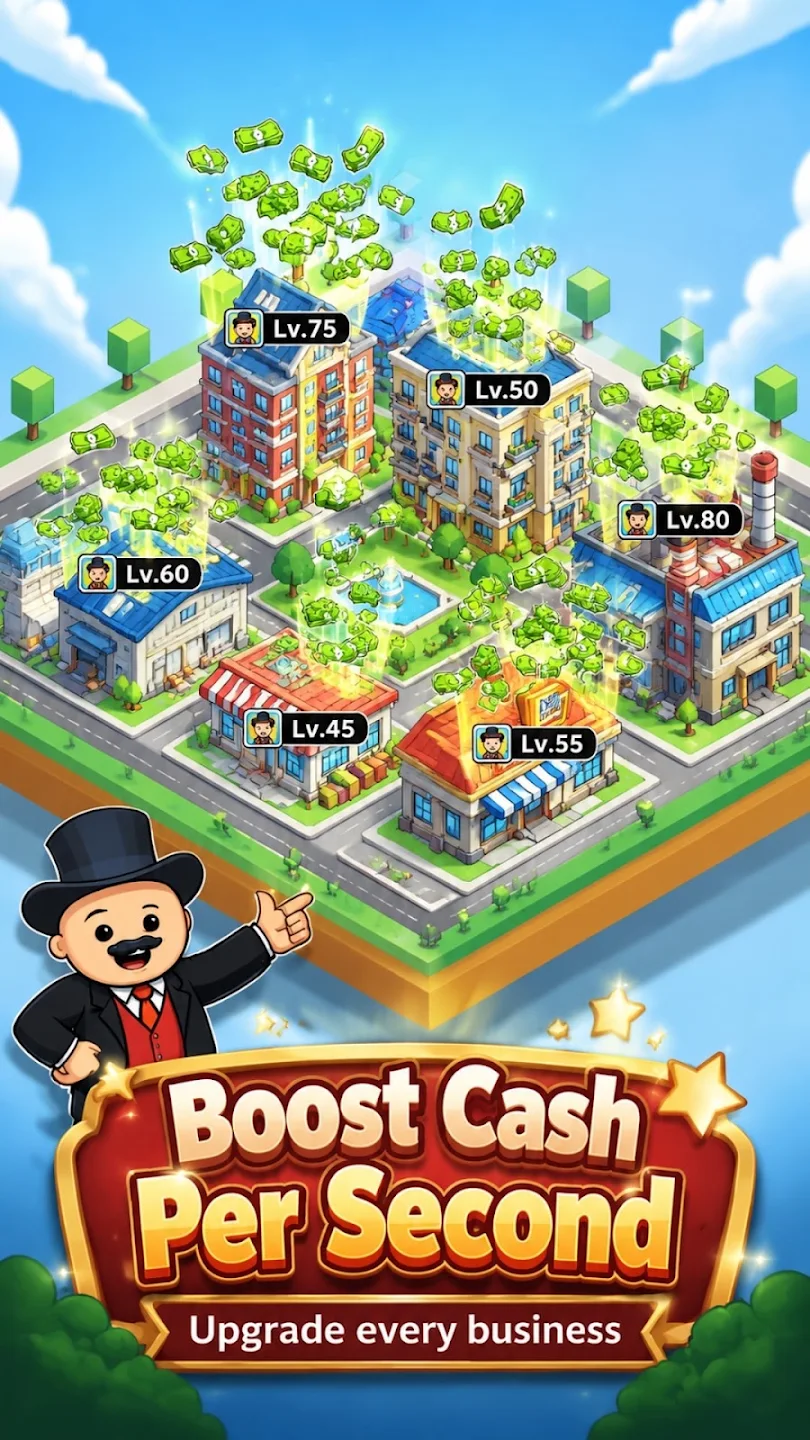 Mobile game town management scene with business upgrades